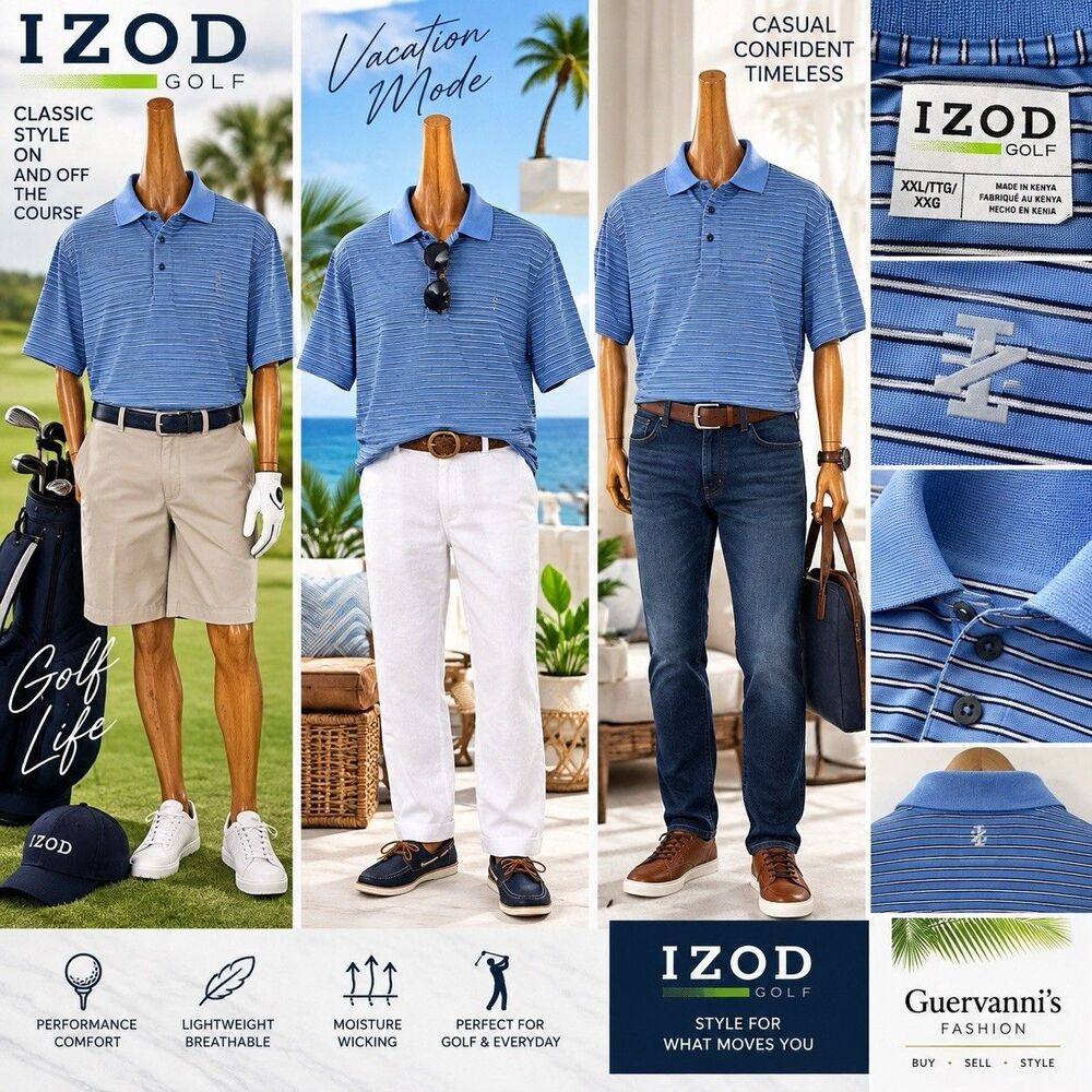 IZOD GOLF Men's Golf Polo Shirt Stretch Blue White Striped Size XXL Short Sleeve